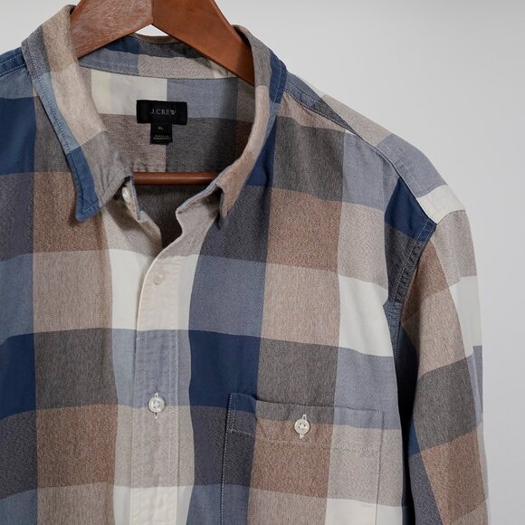 J. Crew Blue, Tan And Cream Large Check Long Sleeve Button Front Shirt, Size XL - Picture 3 of 6